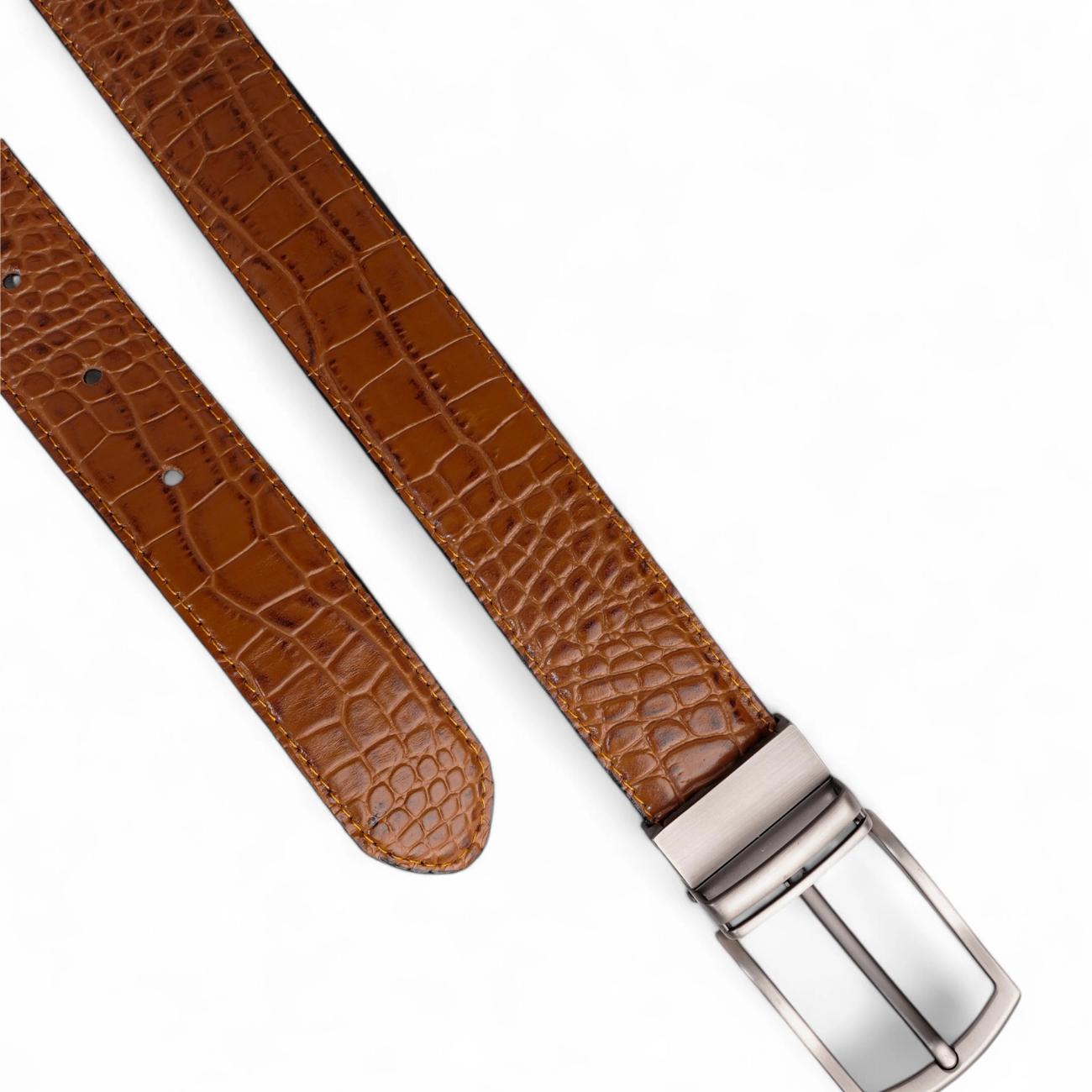 Handmade Reversible Men’s Leather Belt – Crocodile Textured & Smooth Finish with Silver-Tone Buckle