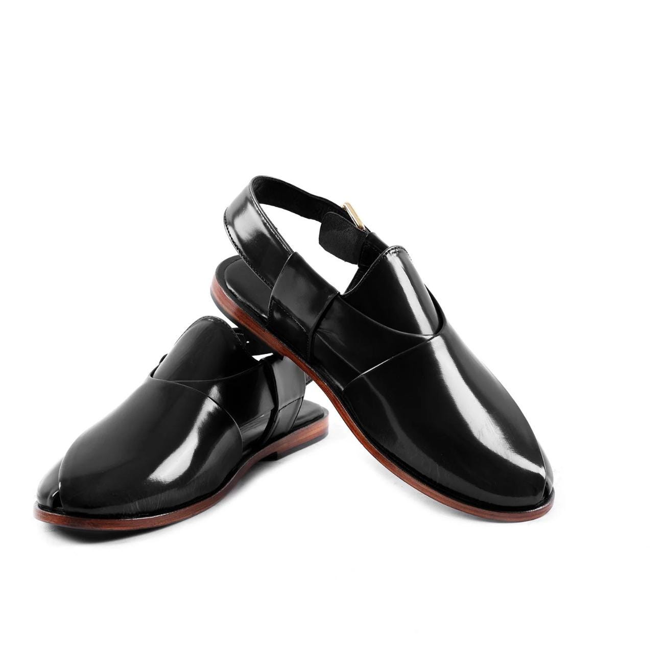 Handmade Black Patina Leather Peshawari Sandals – Men's Kaptaan Chappal with Leather Sole