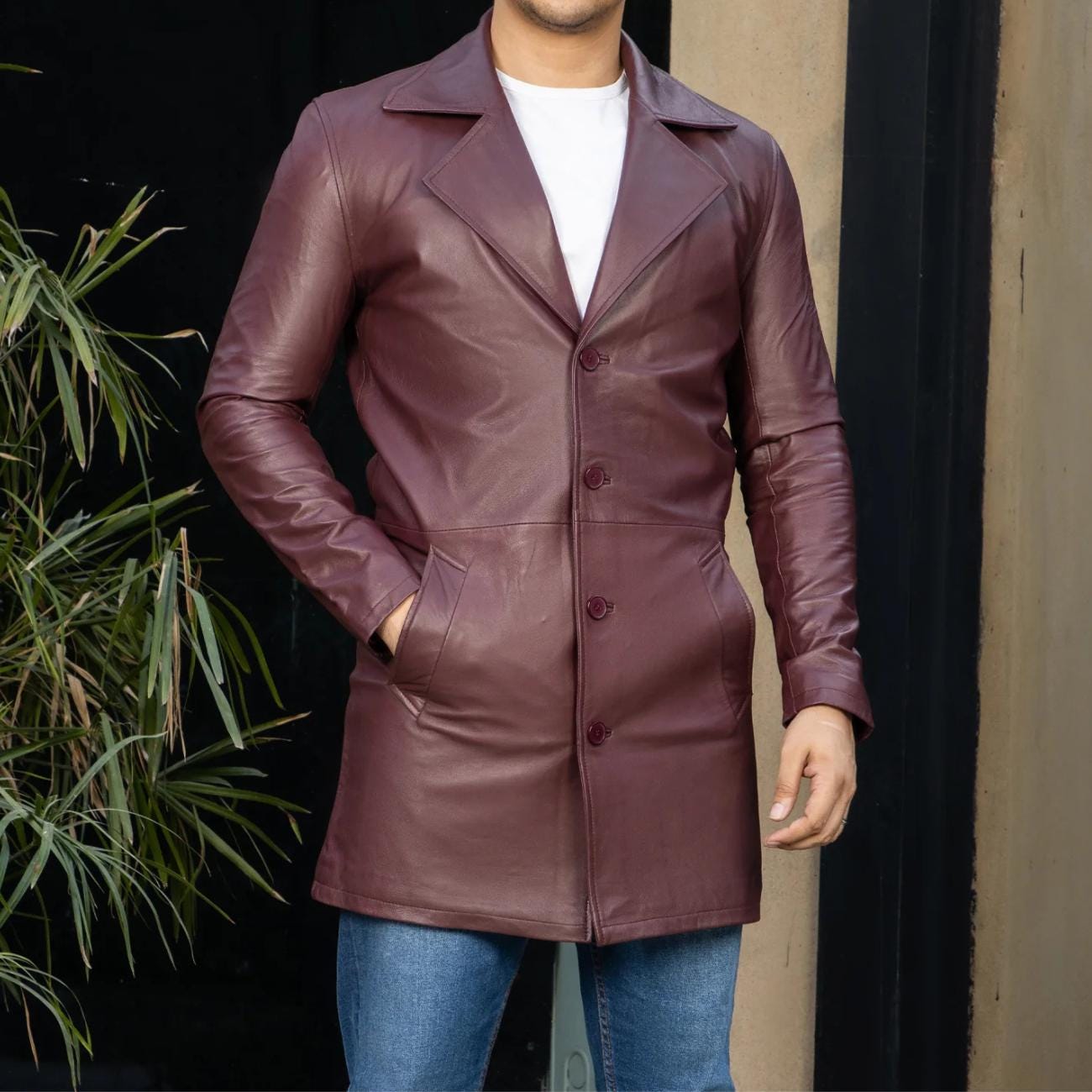 Handmade Black Leather Trench Coat - Classic Lapel Collar Longcoat - Oversized Leather Jacket