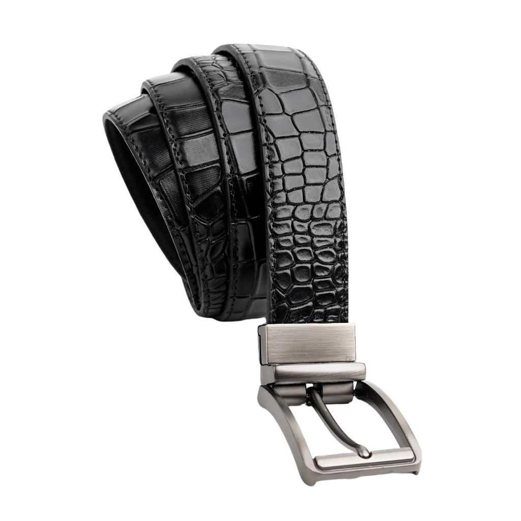Handmade Reversible Men’s Leather Belt – Crocodile Textured & Smooth Finish with Silver-Tone Buckle