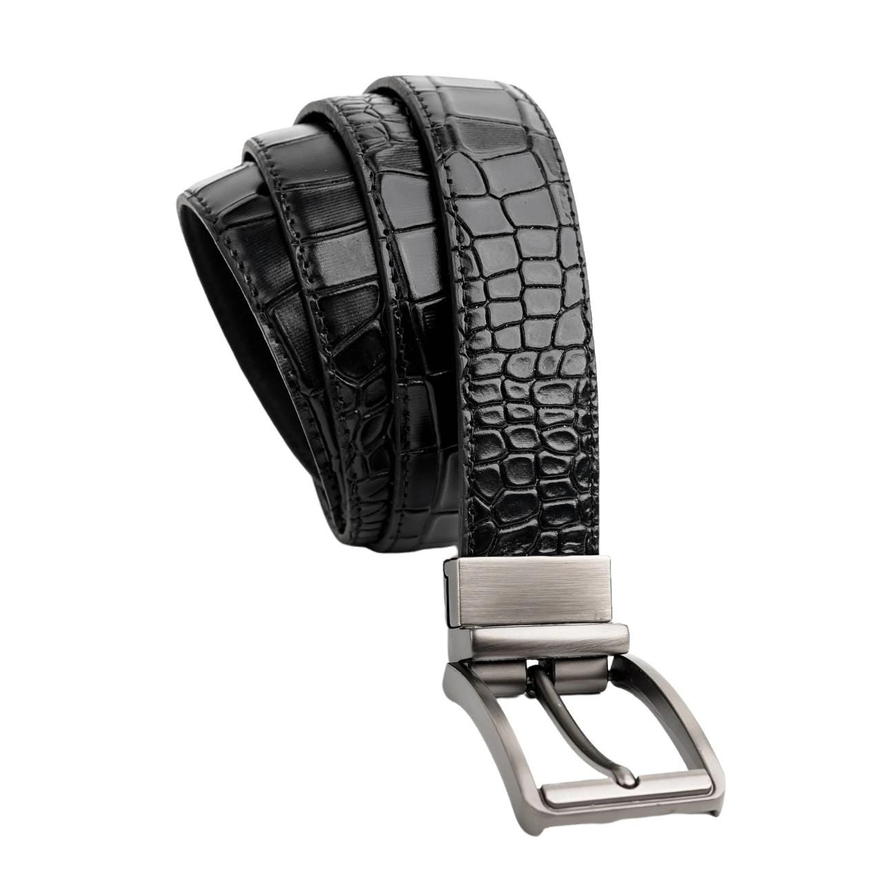 Handmade Reversible Men’s Leather Belt – Crocodile Textured & Smooth Finish with Silver-Tone Buckle