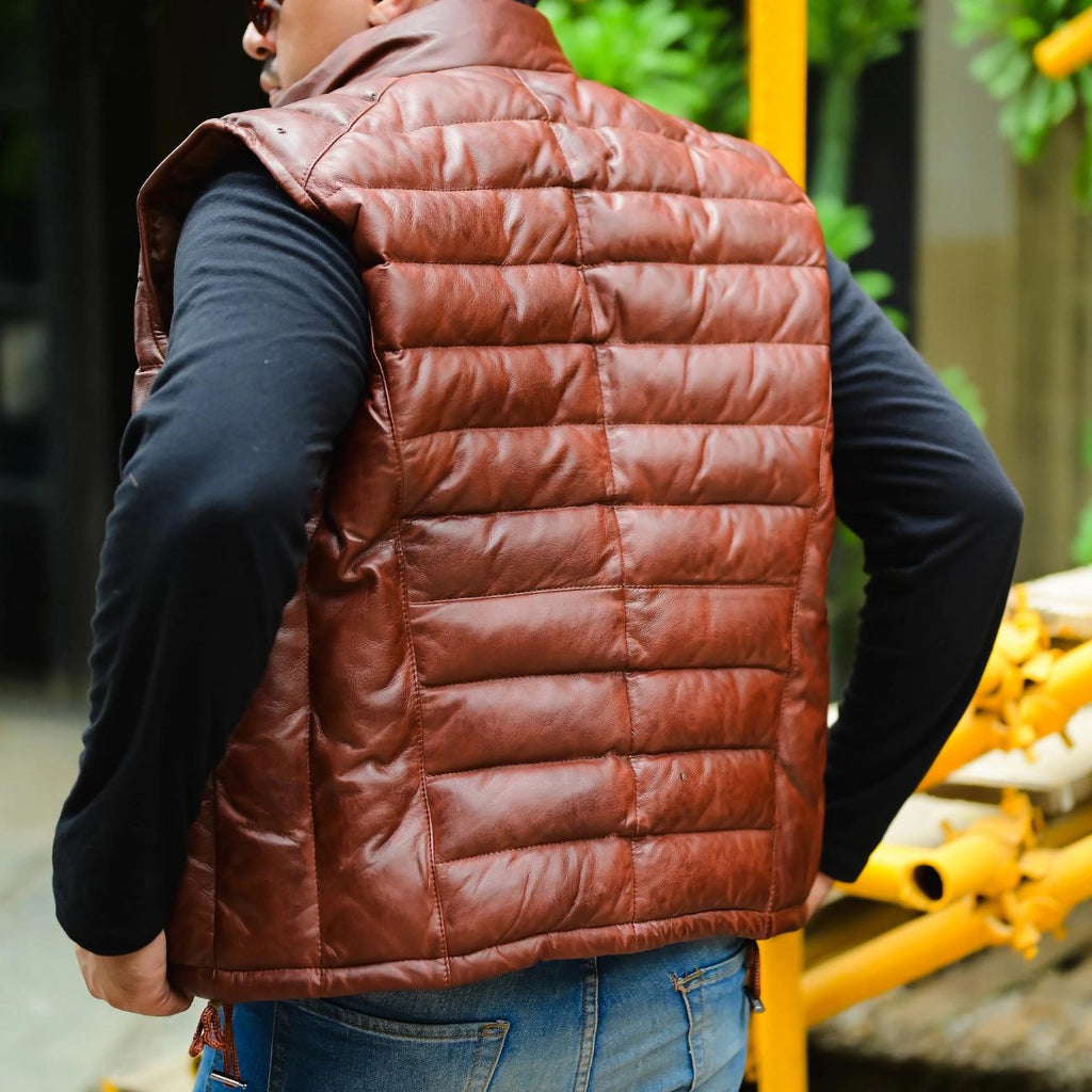 Handmade Men’s Leather Puffer Vest – Genuine Lambskin with Removable Hood – Winter Quilted Jacket