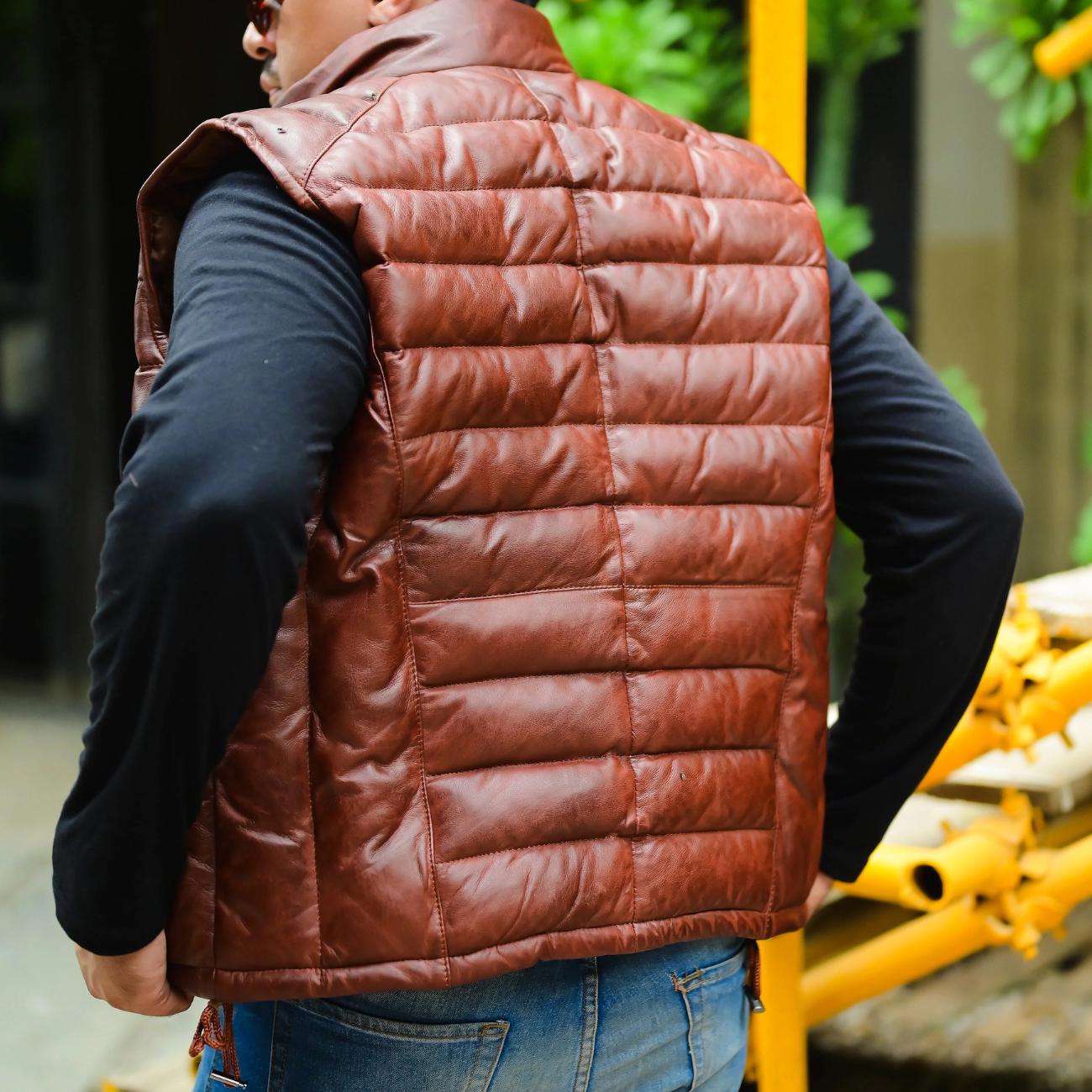 Handmade Men’s Leather Puffer Vest – Genuine Lambskin with Removable Hood – Winter Quilted Jacket