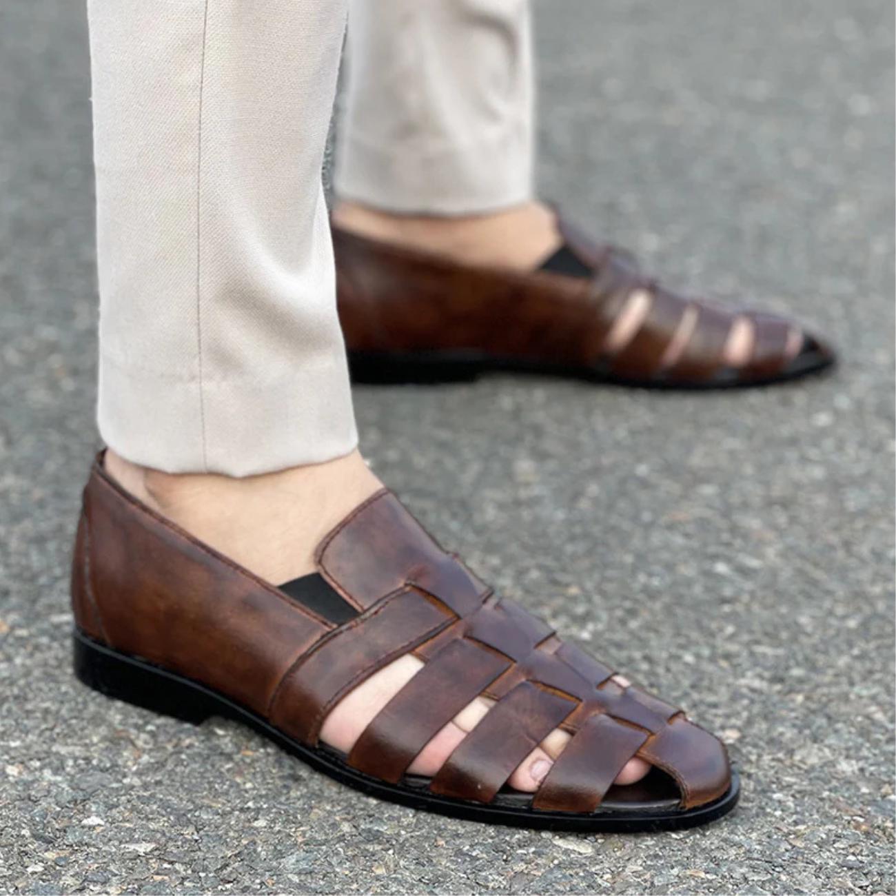 Greek Handmade Leather Fisherman Sandals: Mens Brown Cushioned Arch Support Shoes