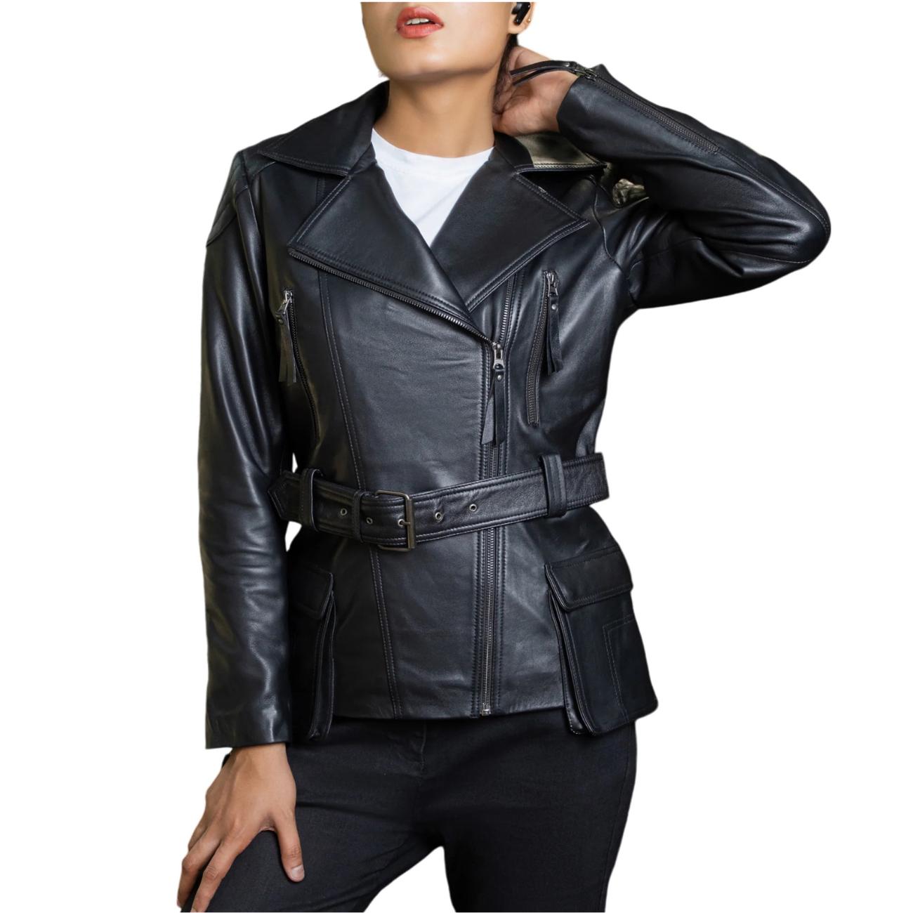 Distressed Black Lambskin Leather Biker Jacket: Women's Moto Style