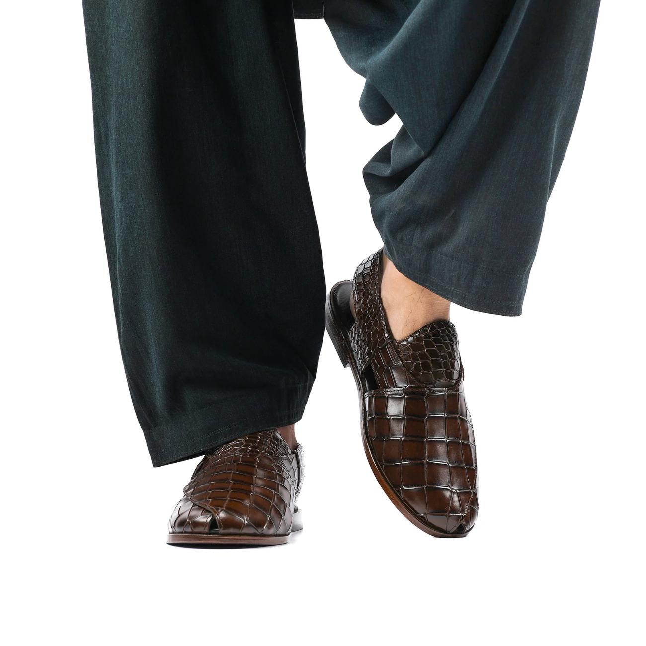 Handmade Croc Texture Leather Peshawari Chappal Sandals – Genuine Cow Leather Pakistani Footwear