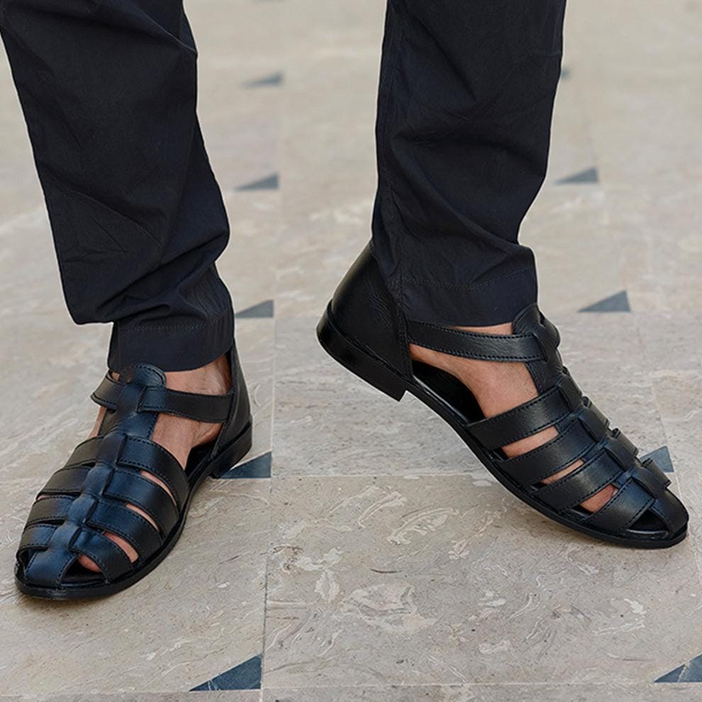 Greek Handmade Black Leather Fisherman Sandals: Adjustable Buckle, Cushioned Arch Support Casual Leather Shoes