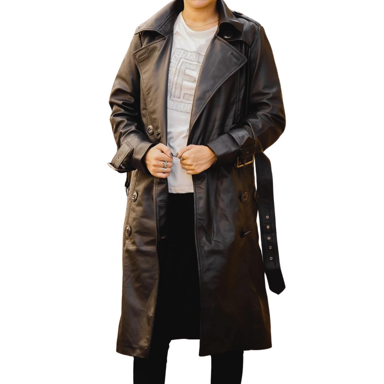 Lambskin Leather Trench Coat: Double-Breasted Belted Winter Coat Oversized Jacket