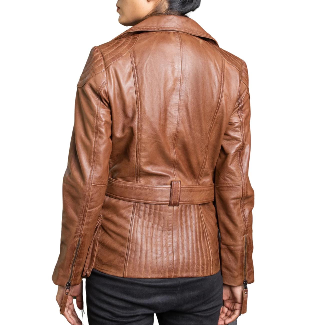 Distressed Brown Lambskin Leather Biker Jacket - Women's Retro Motorcycle Coat