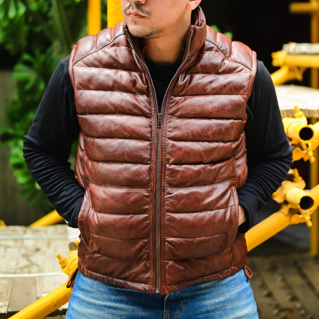 Handmade Men’s Leather Puffer Vest – Genuine Lambskin with Removable Hood – Winter Quilted Jacket