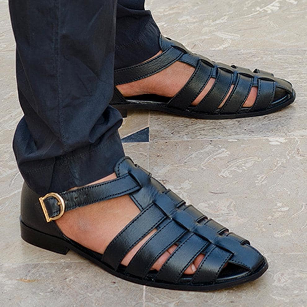 Greek Handmade Black Leather Fisherman Sandals: Adjustable Buckle, Cushioned Arch Support Casual Leather Shoes