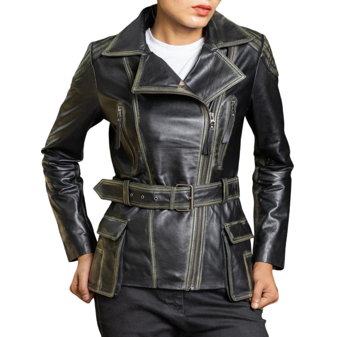 Distressed Black Lambskin Leather Biker Jacket: Women's Moto Style