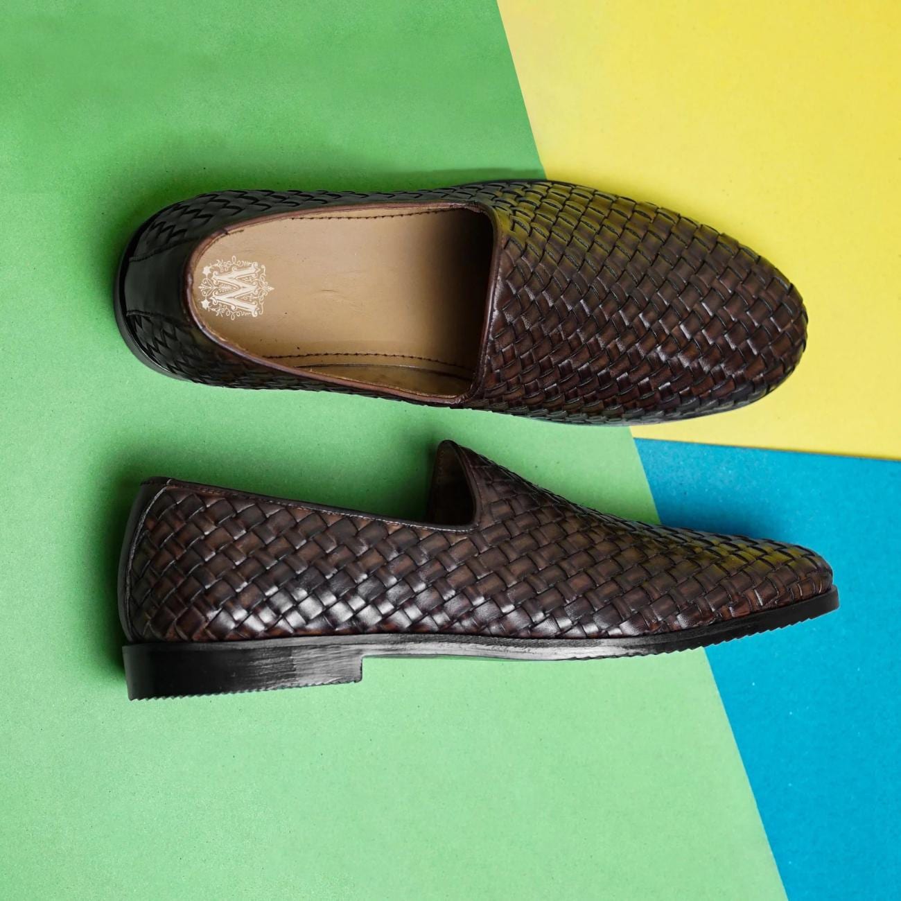 Handmade Woven Brown Leather Loafers: Men's Slip-On Moccasins Mens Shoes