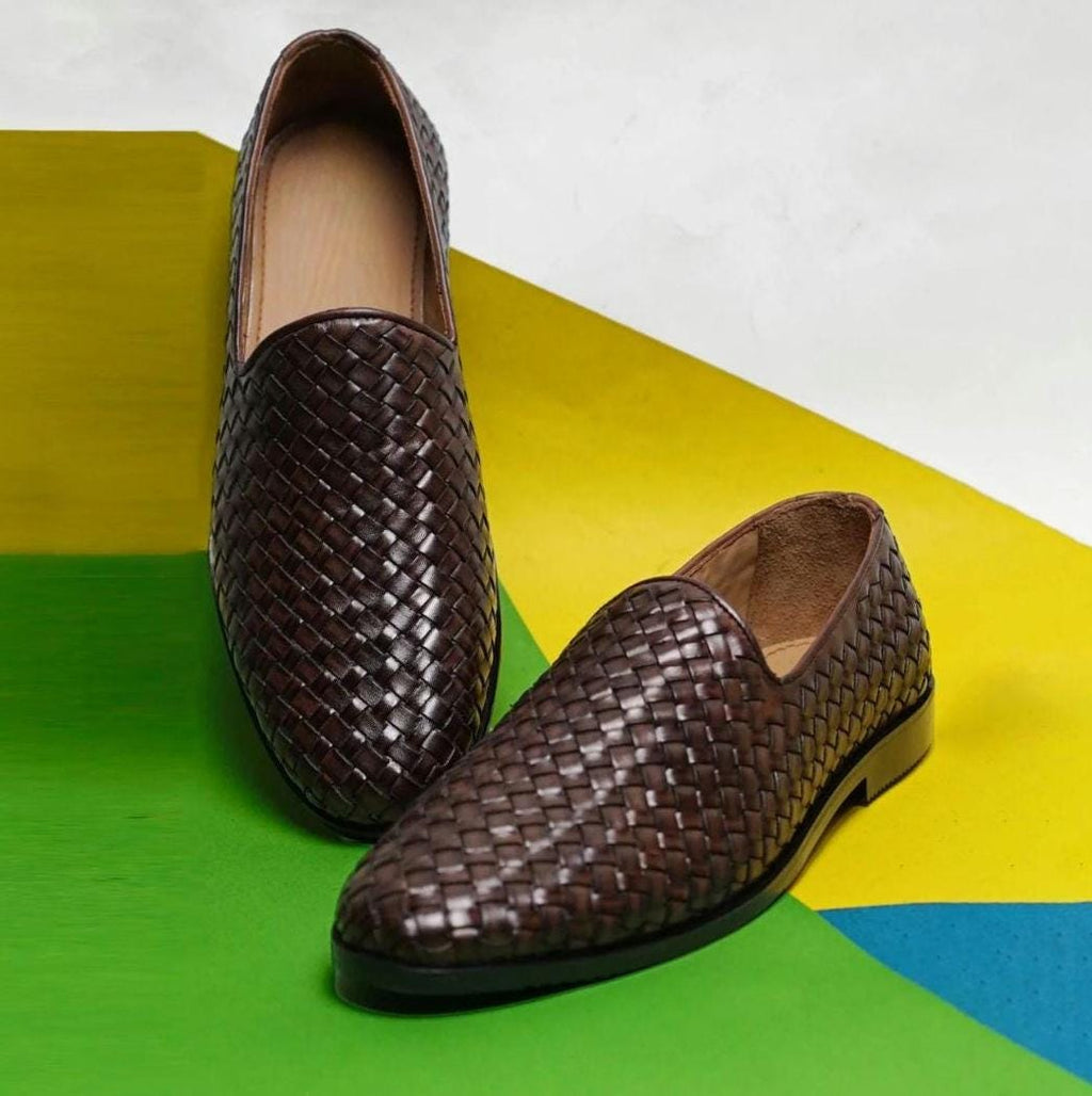 Handmade Woven Brown Leather Loafers: Men's Venetian Slip-Ons Moccasins