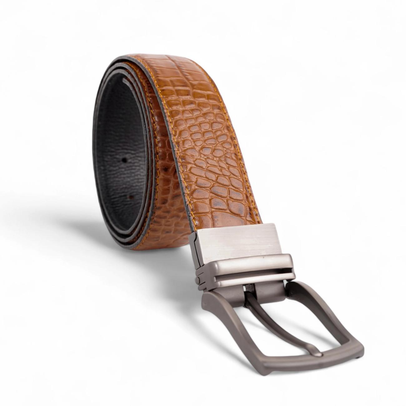 Handmade Reversible Men’s Leather Belt – Crocodile Textured & Smooth Finish with Silver-Tone Buckle