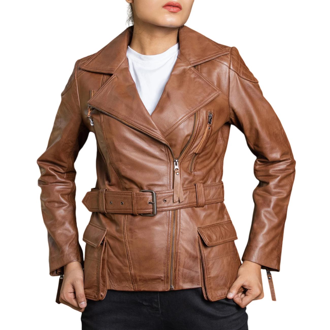 Distressed Brown Lambskin Leather Biker Jacket - Women's Retro Motorcycle Coat