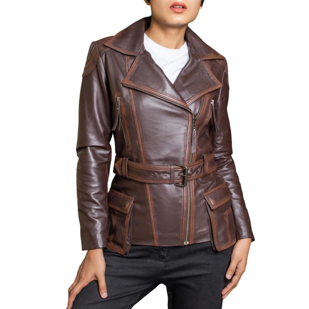 Distressed Brown Lambskin Leather Biker Jacket - Women's Retro Motorcycle Coat
