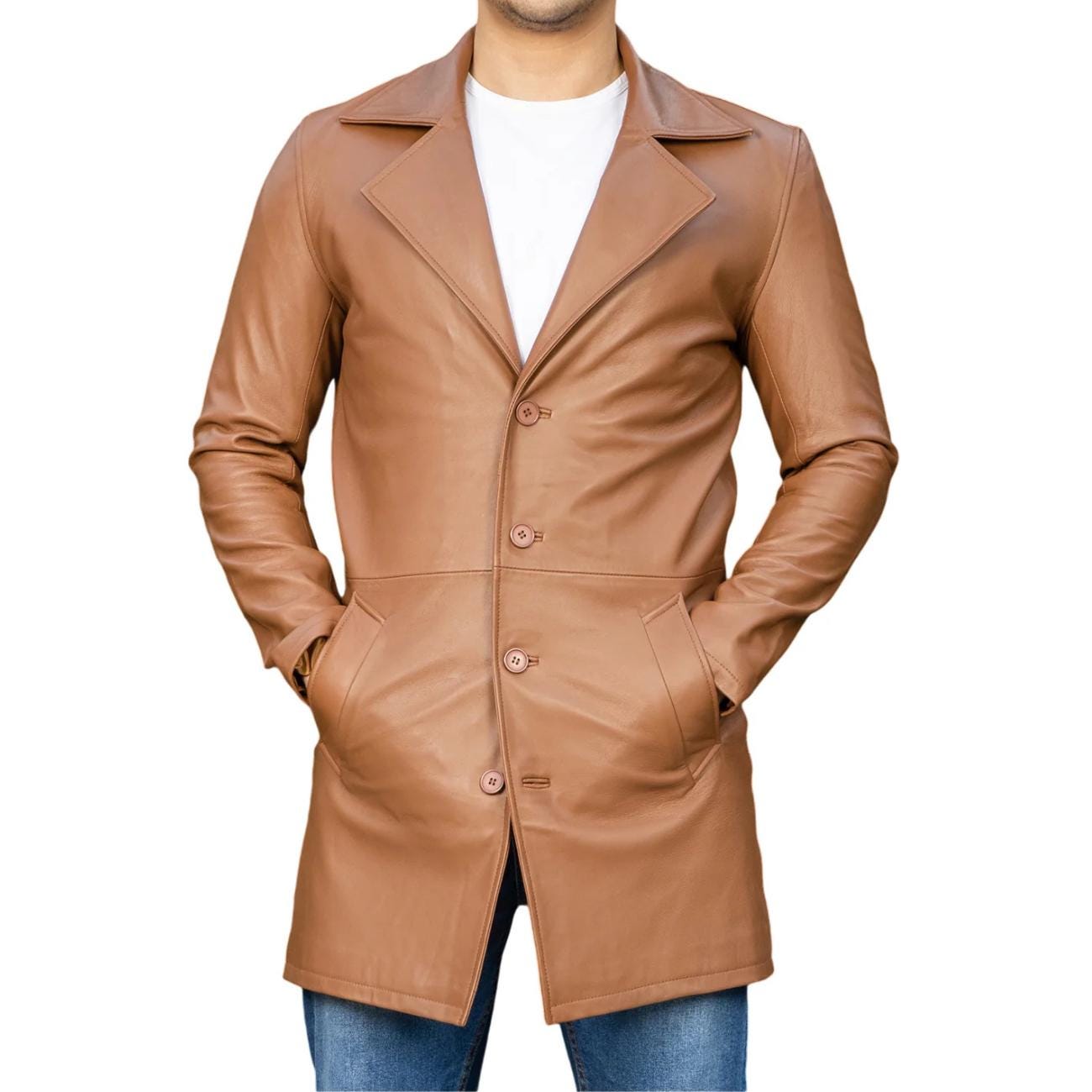 Handmade Black Leather Trench Coat - Classic Lapel Collar Longcoat - Oversized Leather Jacket