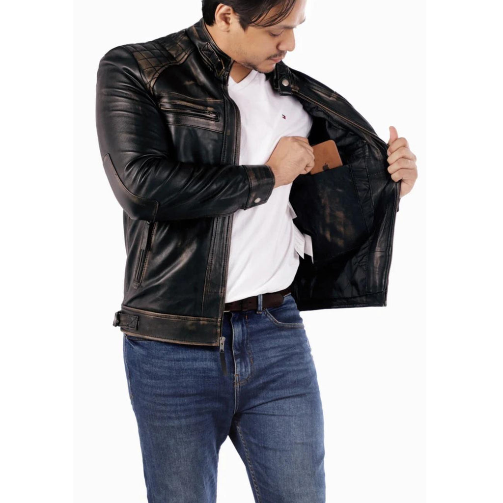 Handmade Lambskin Leather Cafe Racer Jacket: Vintage Distressed Black Biker Style