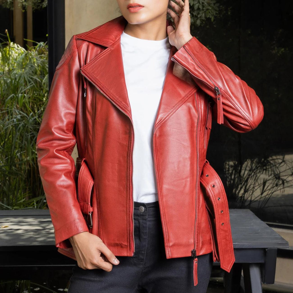 Red Lambskin Leather Motorcycle Jacket: Women's Multi-Zip Biker Coat