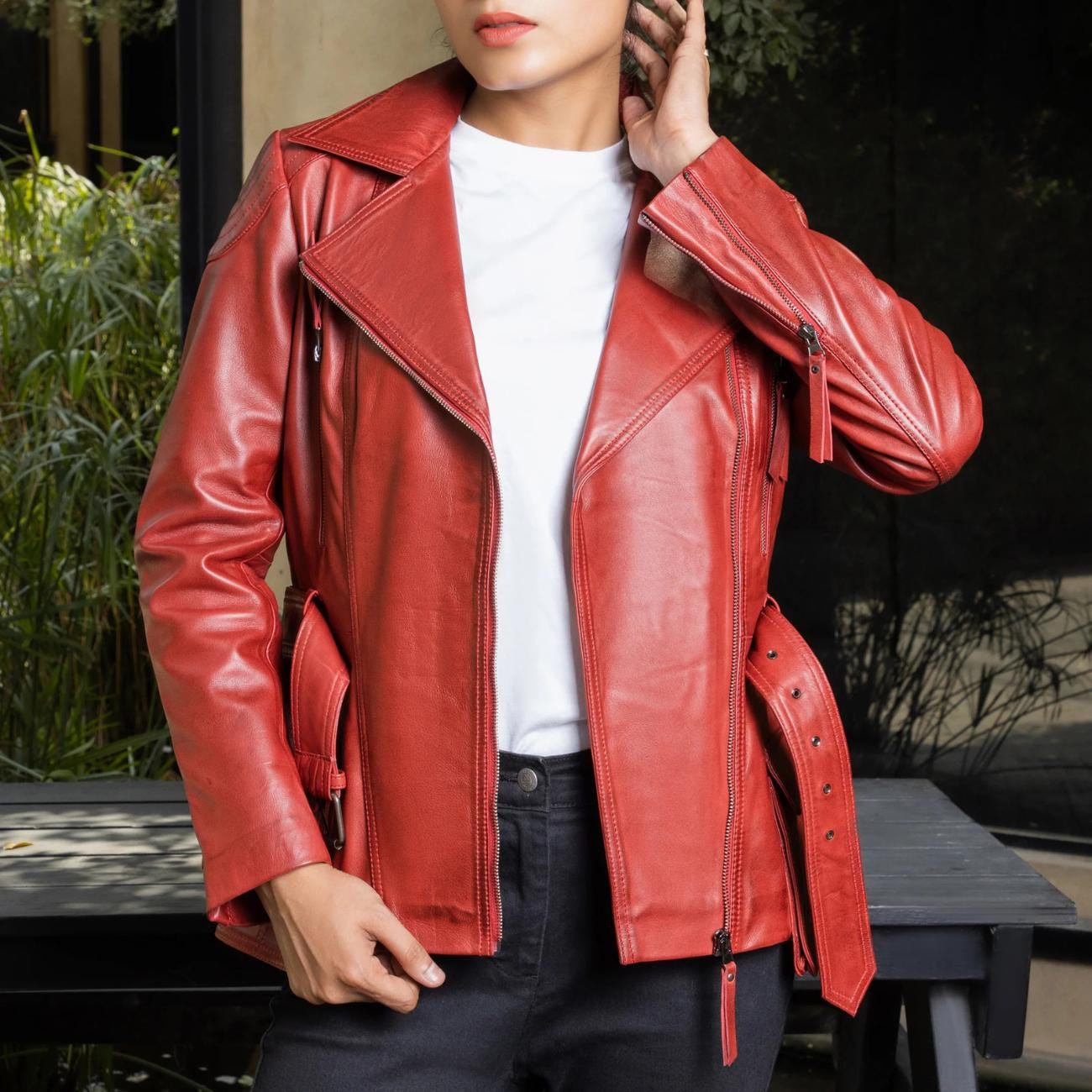 Red Lambskin Leather Motorcycle Jacket: Women's Multi-Zip Biker Coat