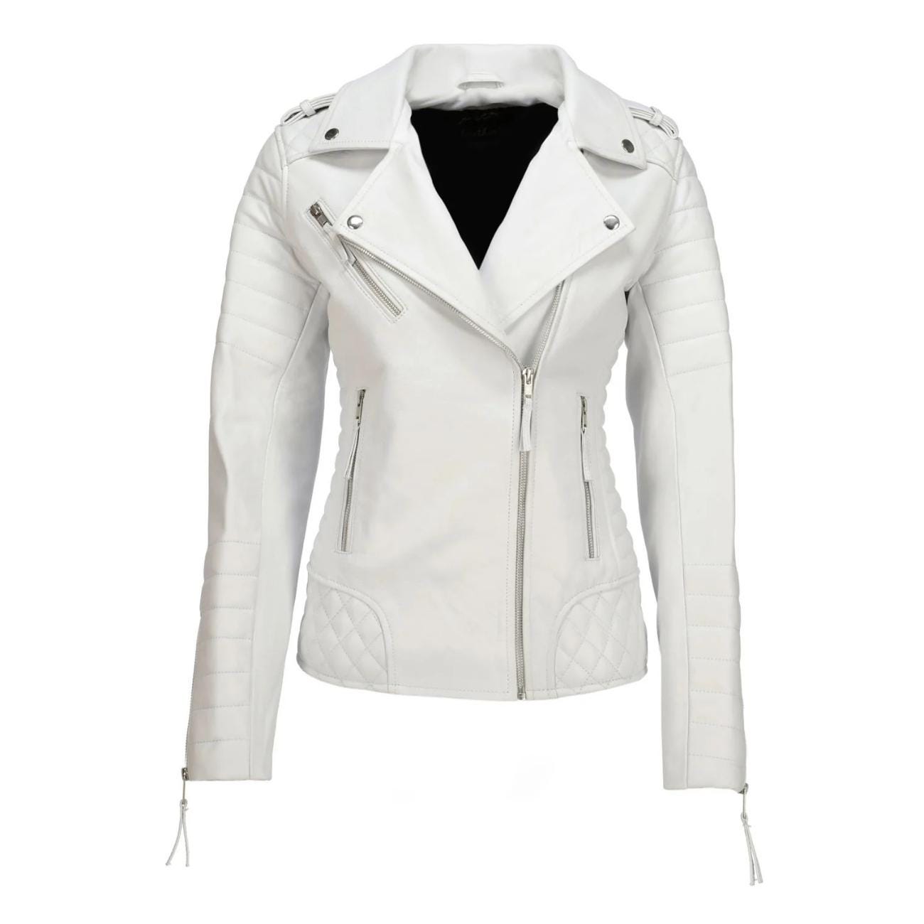 Handmade Quilted Lambskin Leather Biker Jacket - Slim Fit Multi-Zip Jackets for Women