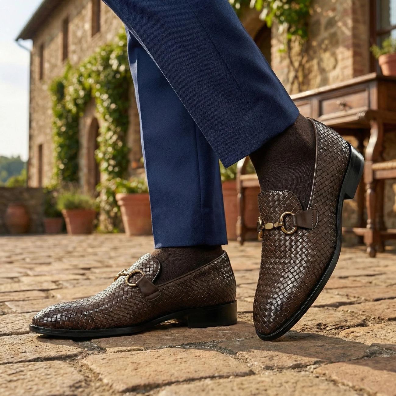 Men’s Handmade Handwoven Leather Loafers – Genuine Cowhide Dress Shoes with Leather Sole | Formal Wedding Shoes
