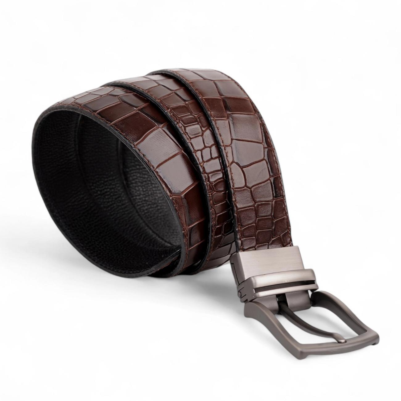 Handmade Reversible Men’s Leather Belt – Crocodile Textured & Smooth Finish with Silver-Tone Buckle
