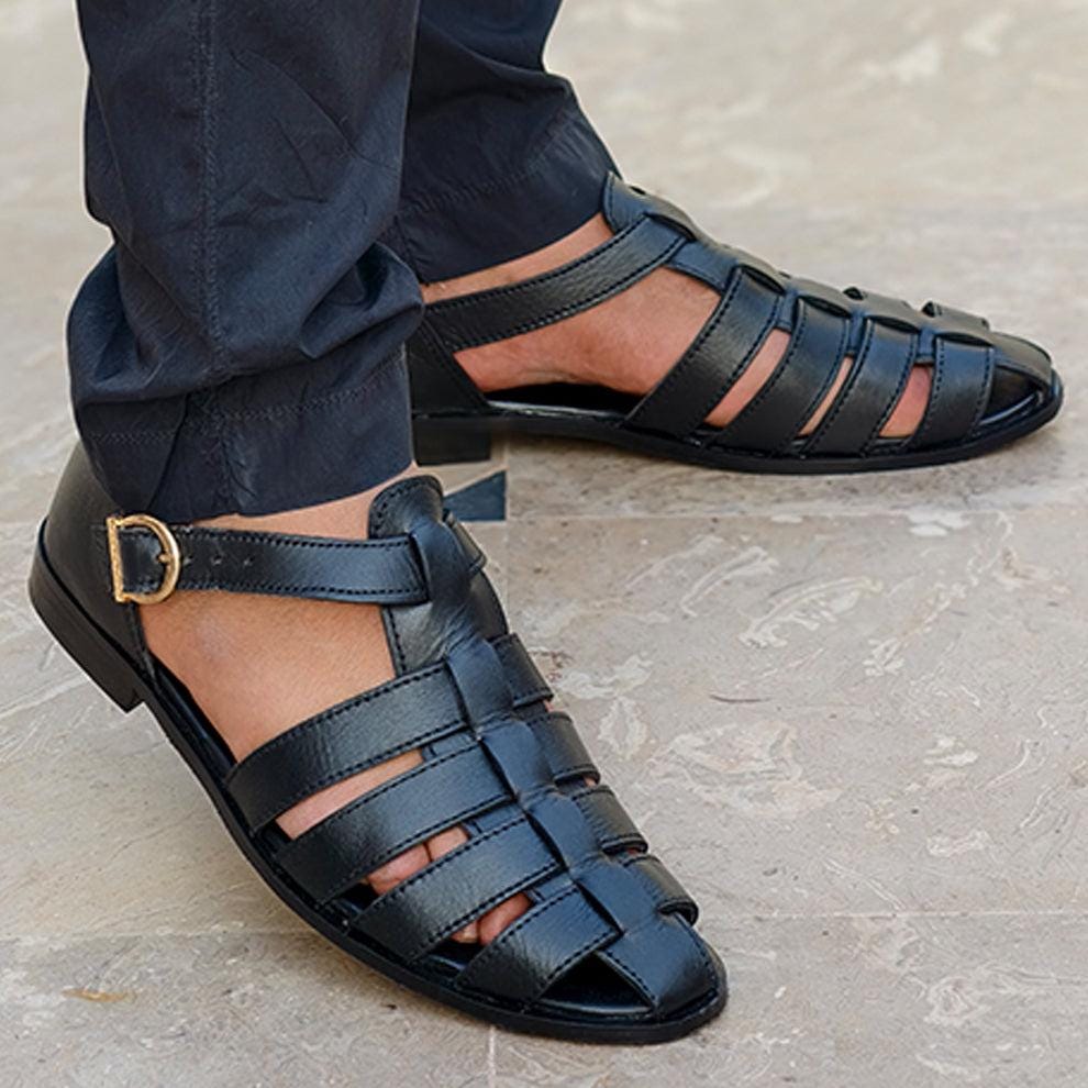 Greek Handmade Black Leather Fisherman Sandals: Adjustable Buckle, Cushioned Arch Support Casual Leather Shoes