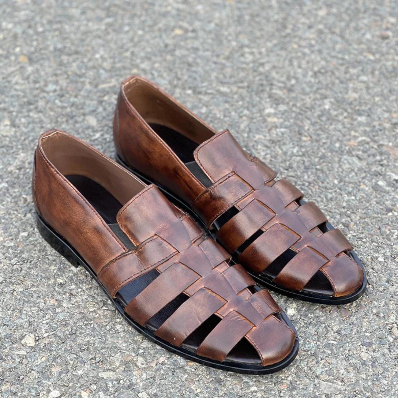 Greek Handmade Leather Fisherman Sandals: Mens Brown Cushioned Arch Support Shoes
