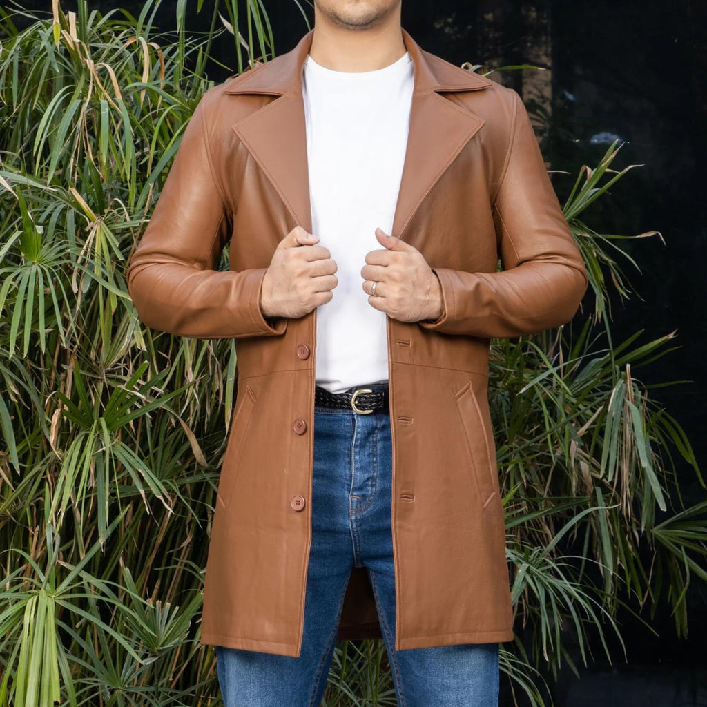 Handmade Black Leather Trench Coat - Classic Lapel Collar Longcoat - Oversized Leather Jacket
