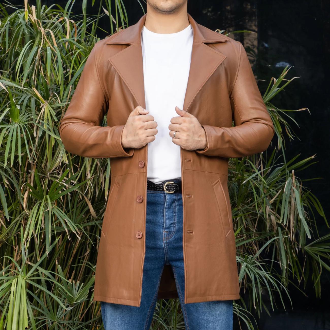 Handmade Black Leather Trench Coat - Classic Lapel Collar Longcoat - Oversized Leather Jacket