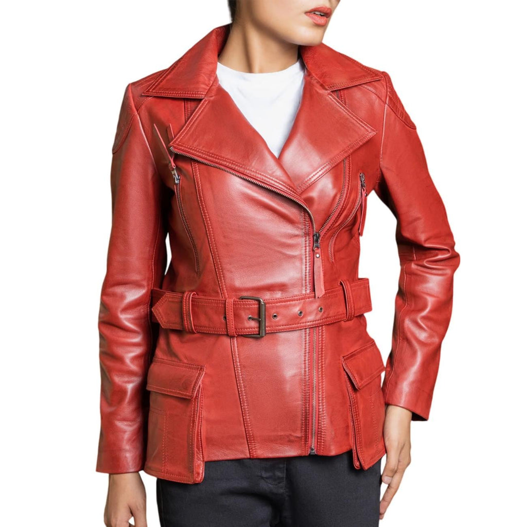 Red Lambskin Leather Motorcycle Jacket: Women's Multi-Zip Biker Coat