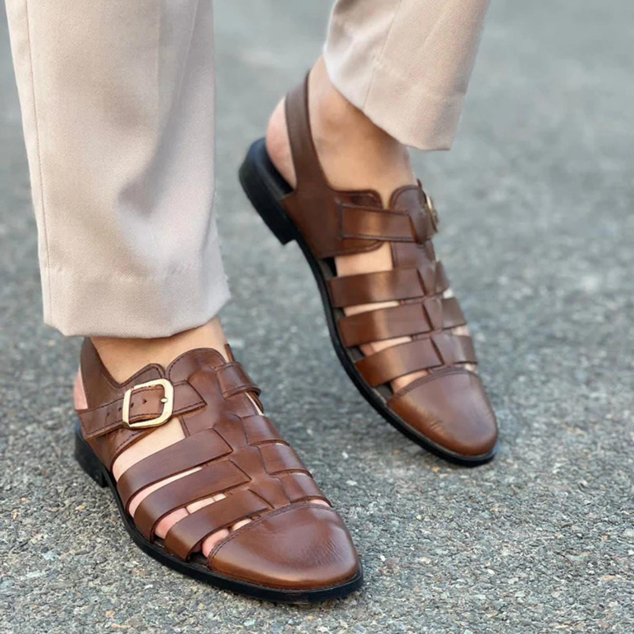 Handmade Leather Fisherman Sandals: Cushioned Arch Support, Adjustable Buckle Genuine Leather Shoes