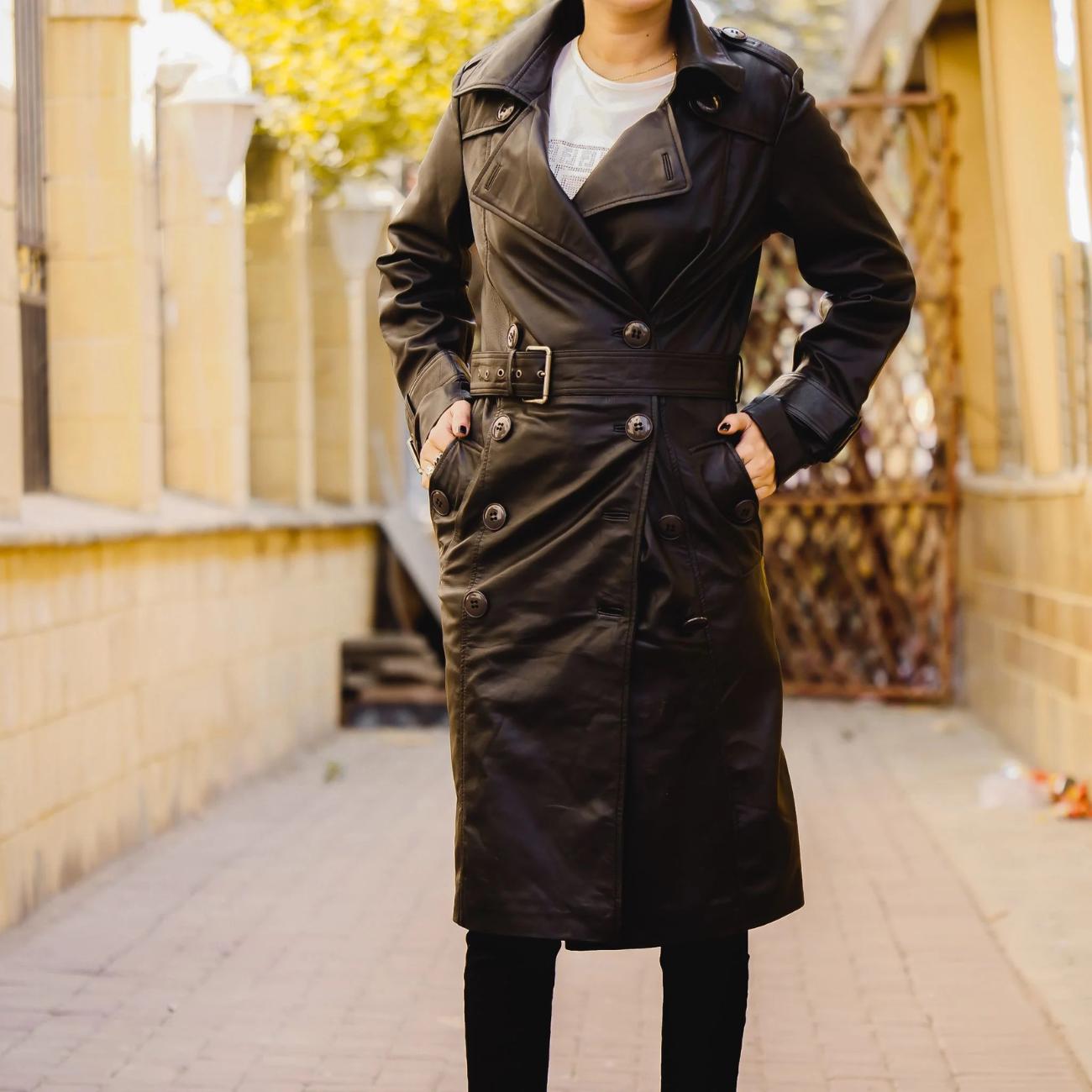 Lambskin Leather Trench Coat: Double-Breasted Belted Winter Coat Oversized Jacket