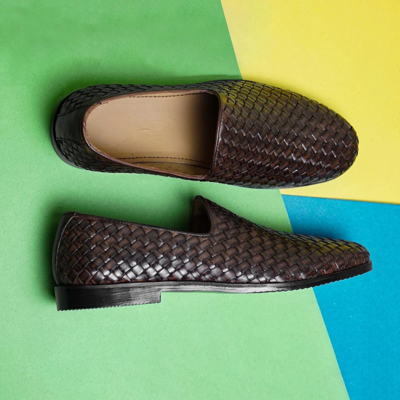 Handmade Woven Brown Leather Loafers: Men's Venetian Slip-Ons Moccasins