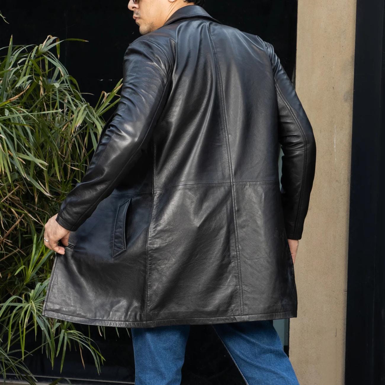 Handmade Black Leather Trench Coat - Classic Lapel Collar Longcoat - Oversized Leather Jacket