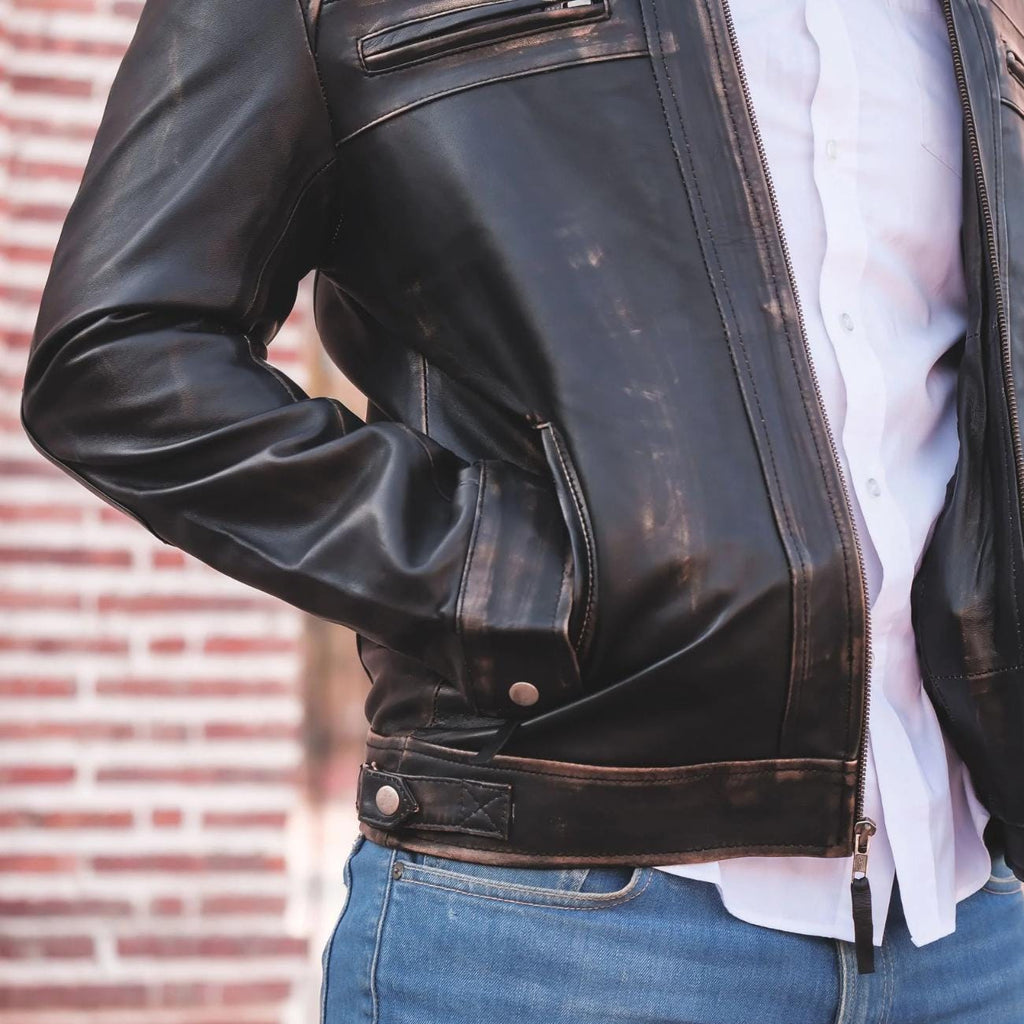 Handmade Lambskin Leather Cafe Racer Jacket: Vintage Distressed Black Biker Style