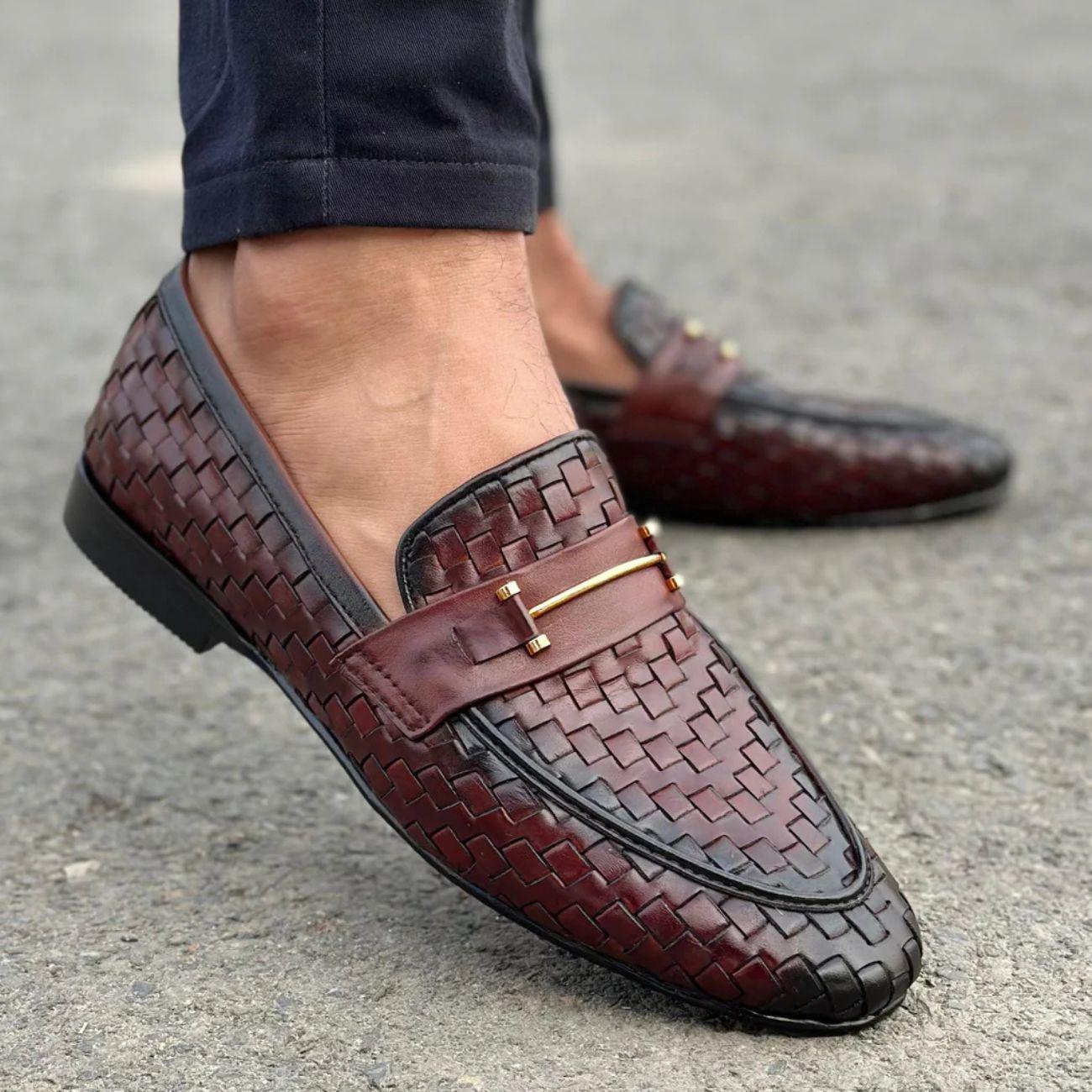 Handmade Woven Real Leather Loafers, Italian Style Shoe: Men's Wedding Dress Shoes