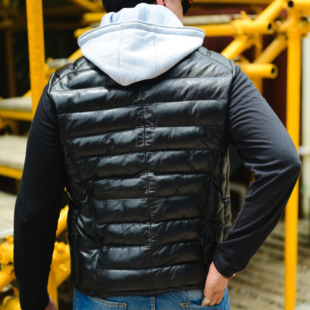 Handmade Men’s Leather Puffer Vest – Genuine Lambskin with Removable Hood – Winter Quilted Jacket