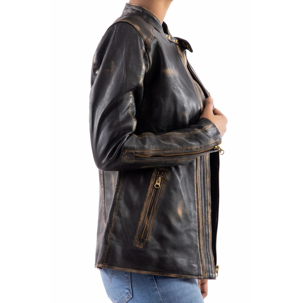 Distressed Leather Motorcycle Jacket: Vintage Cafe Racer Style Lambskin Jacket for Women