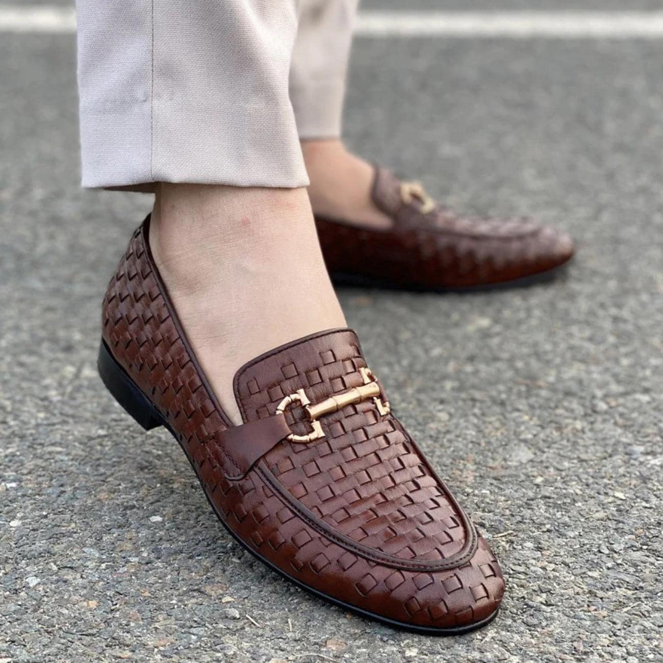 Handmade Braided Leather Loafers – Men’s Woven Slip-On Dress Shoes