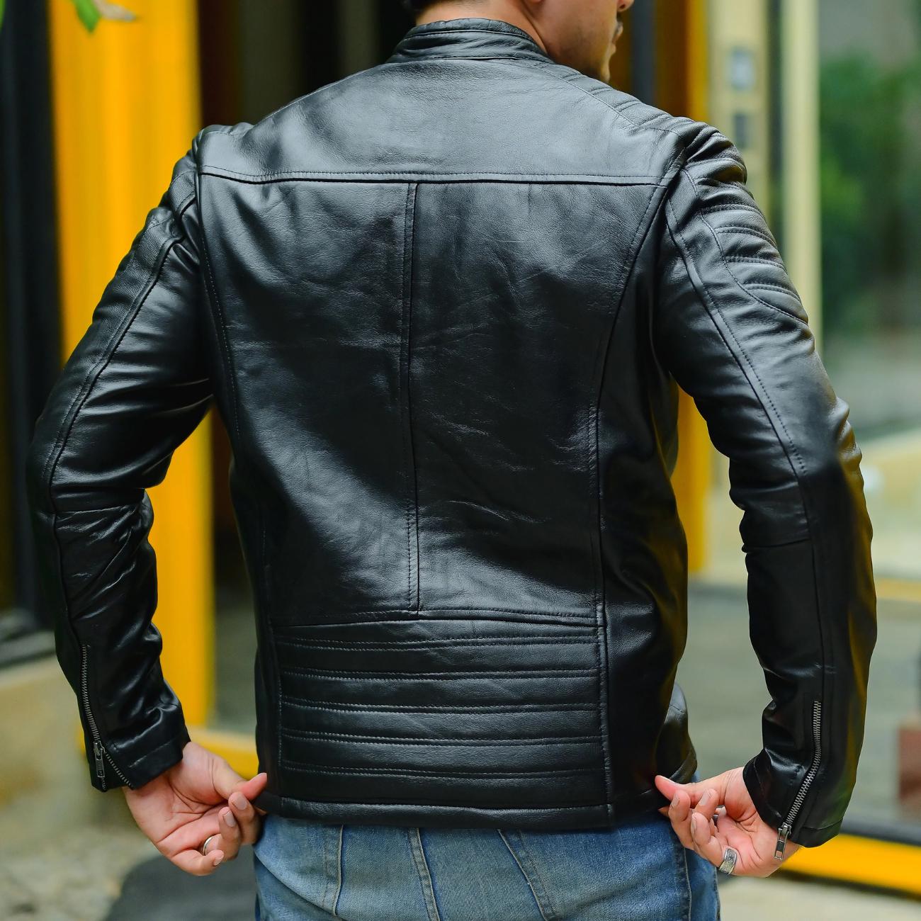 Handmade Lambskin Leather Biker Jacket - Vintage Style Motorcycle Coat Moto Jacket