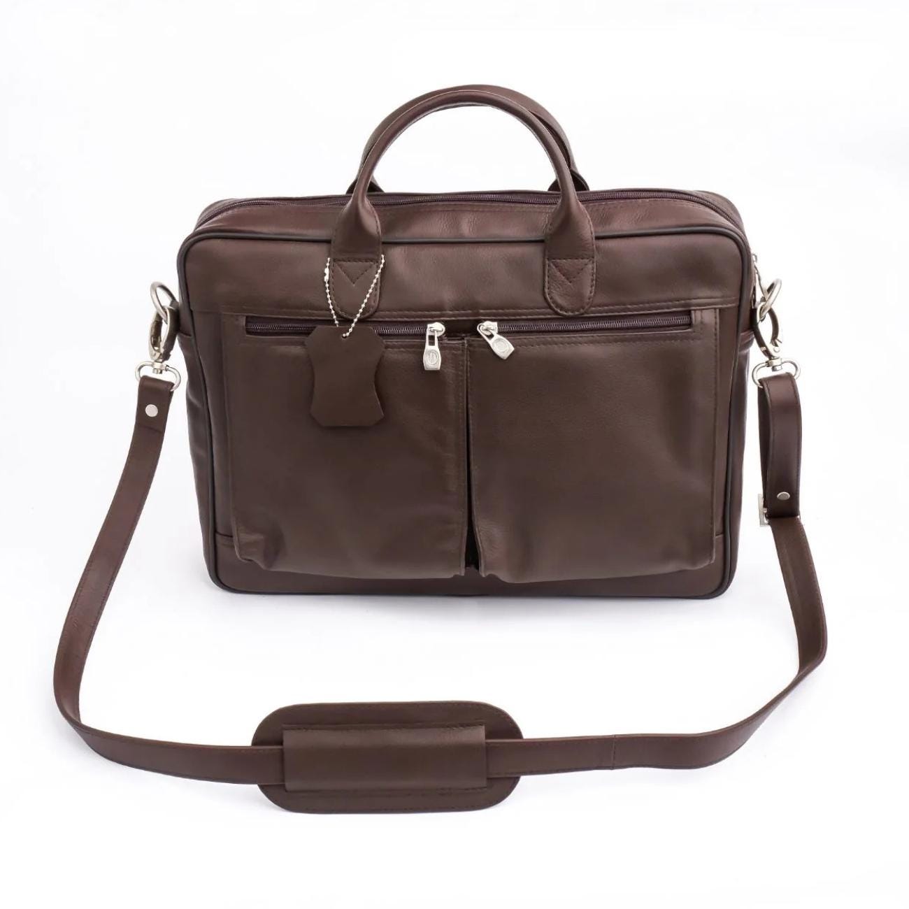 Full-Grain Leather Laptop Briefcase: 15.5" Messenger Bag with Antique Brass