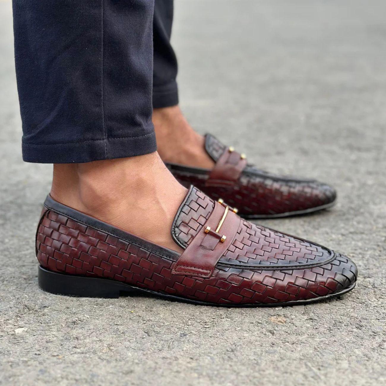 Handmade Woven Real Leather Loafers, Italian Style Shoe: Men's Wedding Dress Shoes