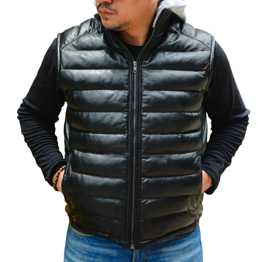 Handmade Men’s Leather Puffer Vest – Genuine Lambskin with Removable Hood – Winter Quilted Jacket