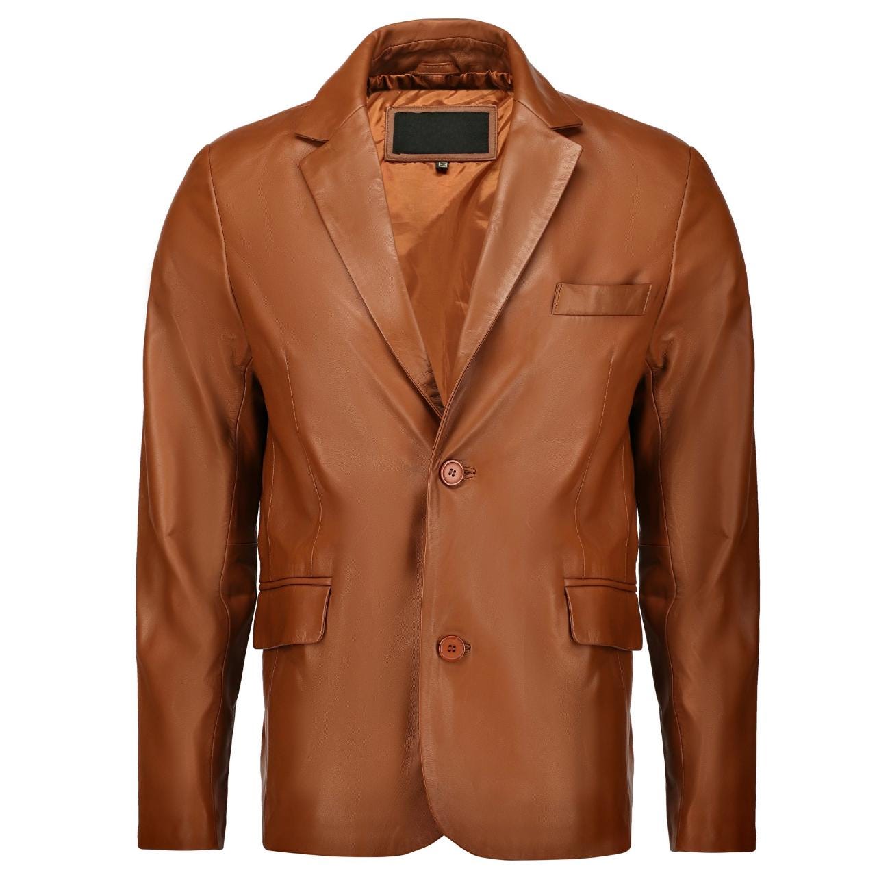 Handmade Men’s Leather Blazer – Black Lambskin Coat with Button Closure & Invisible Stitch Detailing