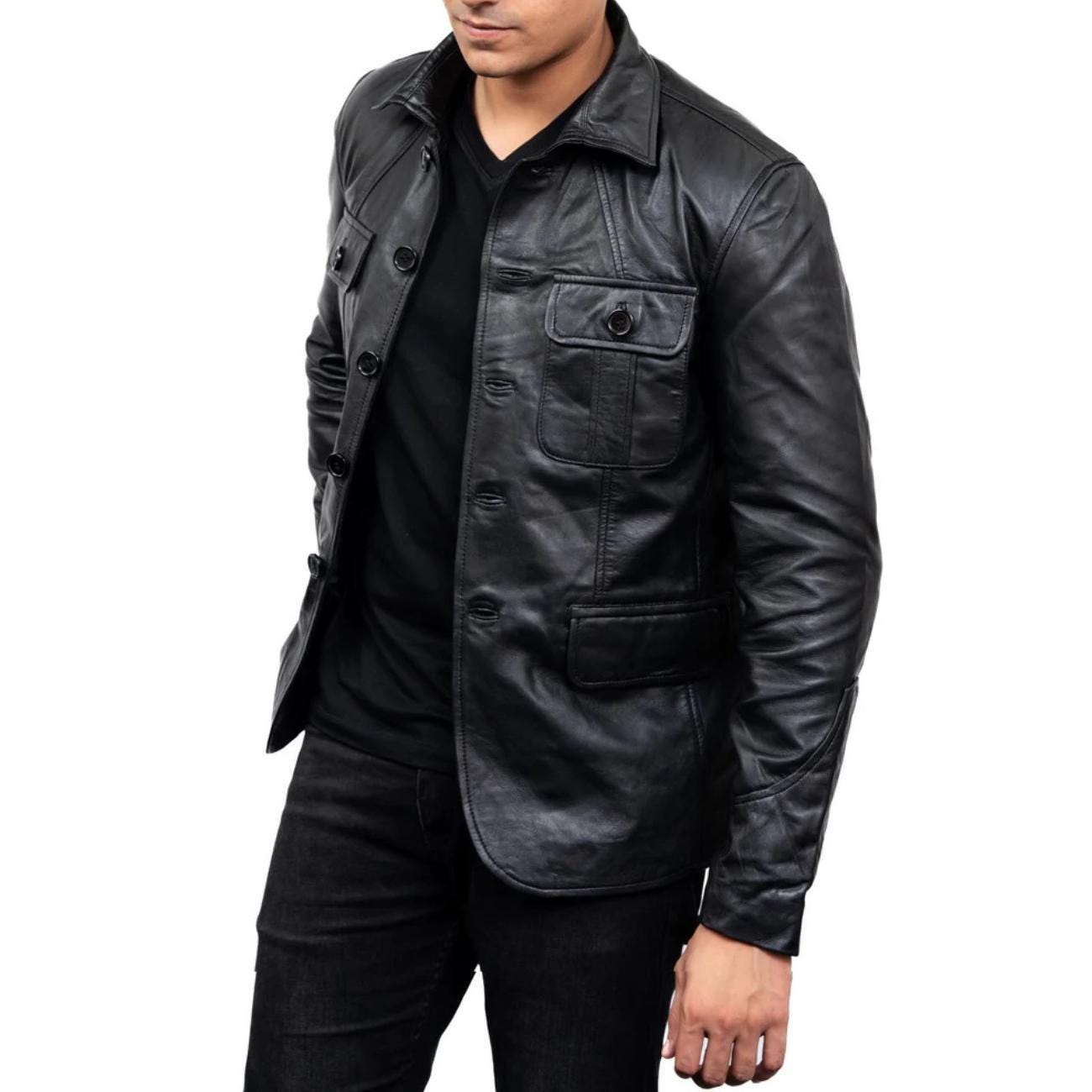 Handmade Black Lambskin Leather Jacket, 5-Button Overcoat