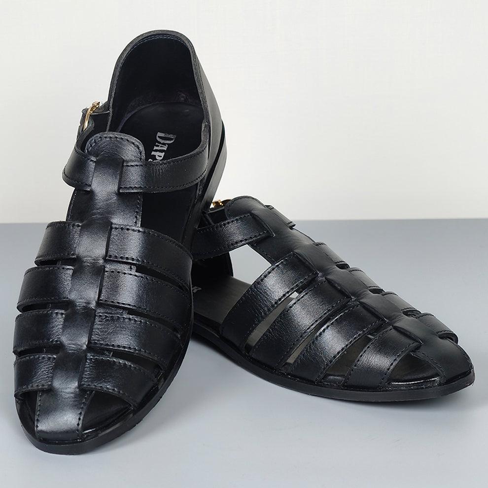 Greek Handmade Black Leather Fisherman Sandals: Adjustable Buckle, Cushioned Arch Support Casual Leather Shoes