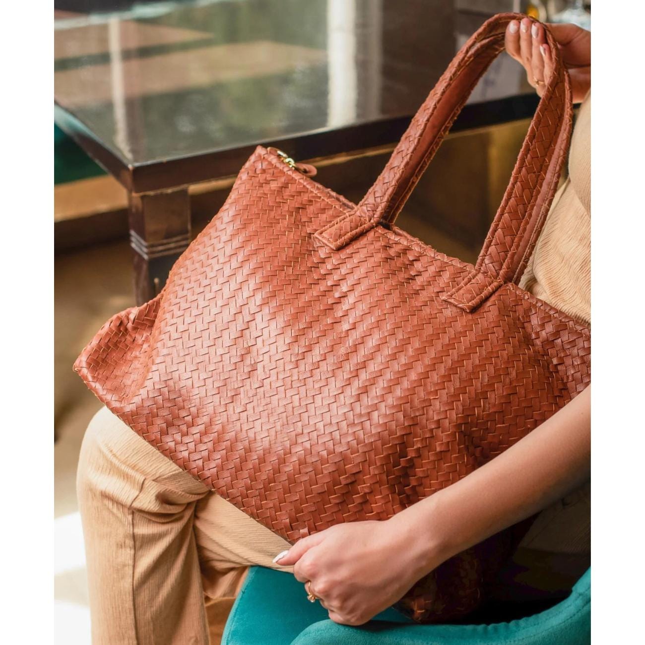 Handwoven Full Grain Leather Tote Bag: Handmade Women's Shoulder Bag - Handbag